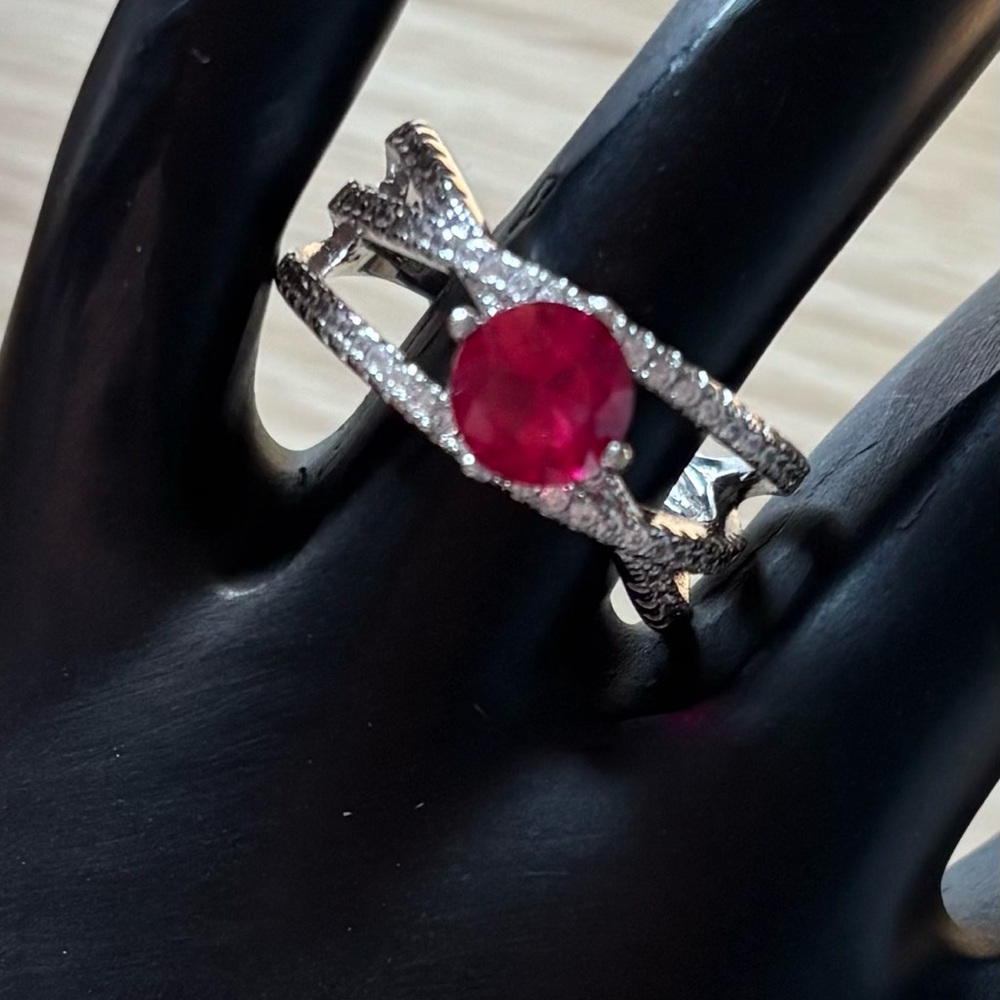 Ruby Red Moissanite Sterling Silver Crossover Ring - image 7